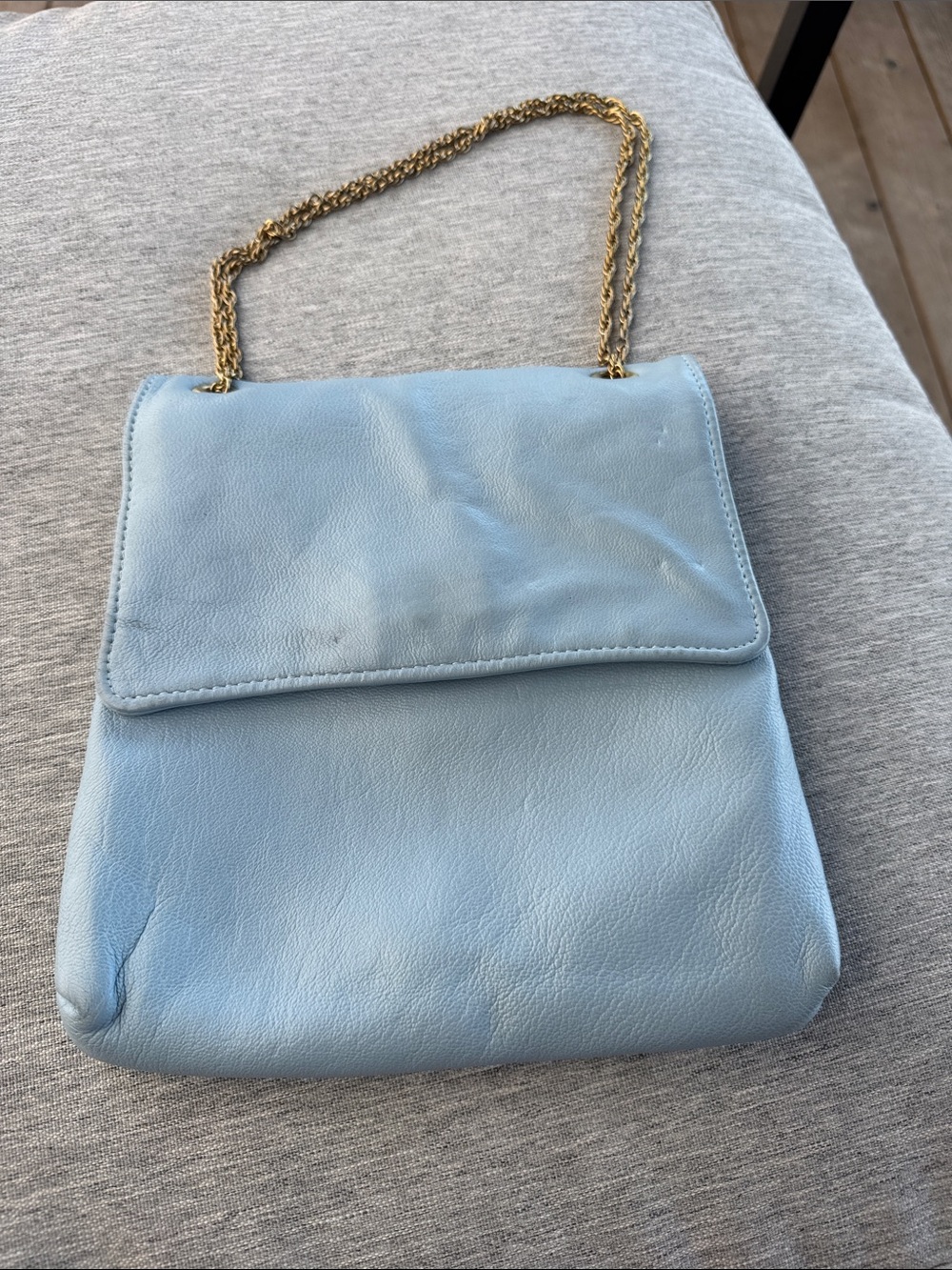Vintage HL U.S.A. Harry Levine Light Blue Soft Leather Flap Bag gold chain strap